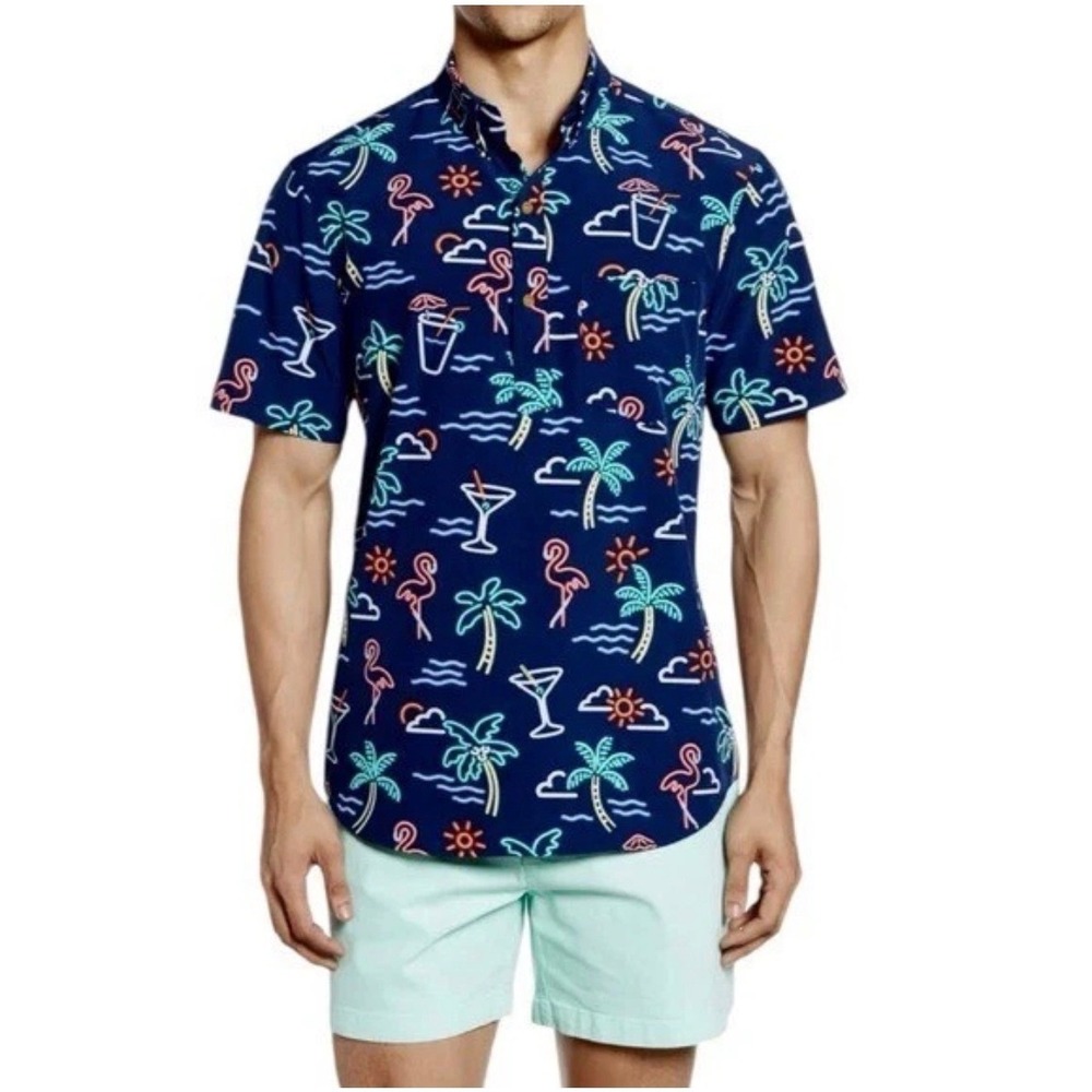 Chubbies Mens Neon Tropical Flamingo Palm Tree Button Down Shirt Navy Large
